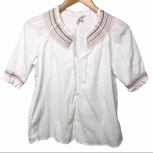 Madewell Rainbow Smocked Peasant Top Size XS Short Sleeve Flecked Color Boho - Picture 2 of 7